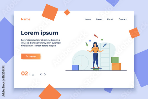 Woman balancing and juggling with skittles and balls. Gym, circus, juggler flat vector illustration. Performance and training concept for banner, website design or landing web page