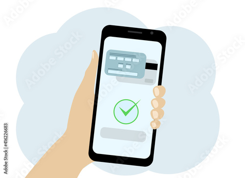 Hand holds mobile in which confirmation of payment by card