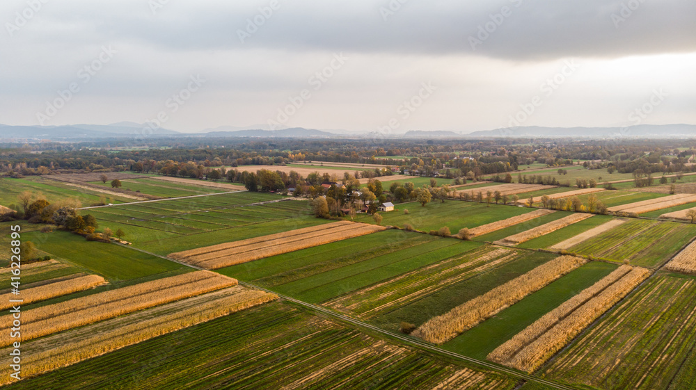 Aerial view of empty autumn fields at sunset.