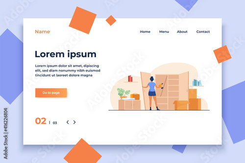 Woman repairing wardrobe with hand drill. Door, wood, assembly flat vector illustration. Furniture and renovation concept for banner, website design or landing web page