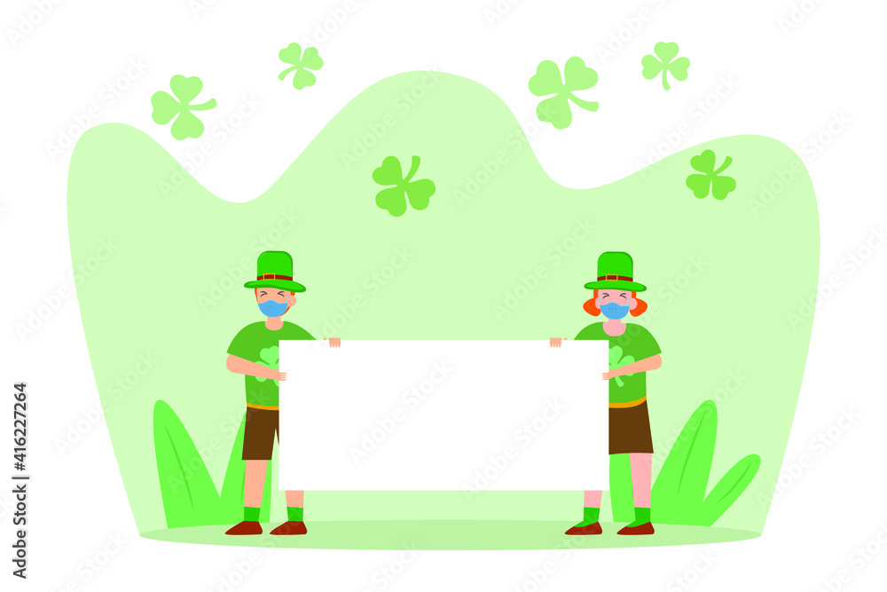 Fototapeta premium St patrick's day vector concept: Two little children showing copy space on blank paper 