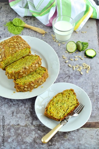 Wheatgrass zucchini bread with sunflower seeds. Served with milk