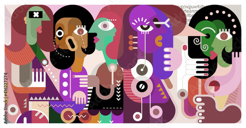 Abstract fine art portrait of five adult people. Graphic illustration of a large group of people who have something to discuss.