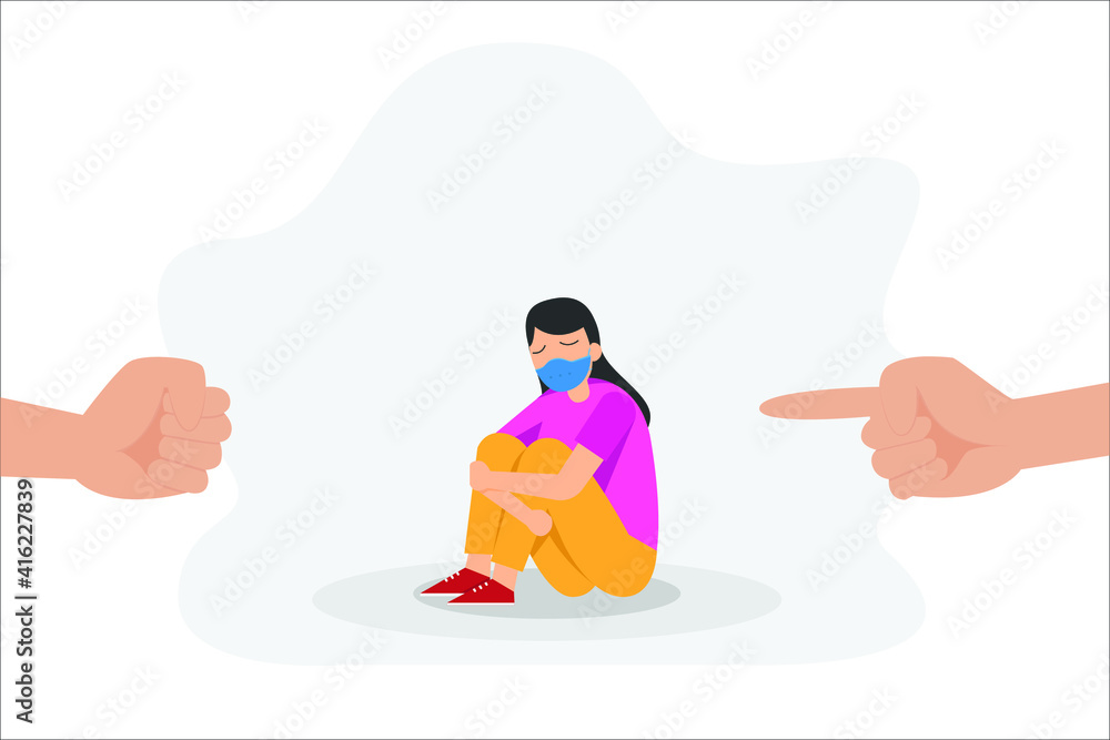 Bullying vector concept: People blaming young woman infected corona virus while sitting with face mask Bullying vector concept: People blaming young woman infected corona virus while sitting with face mask