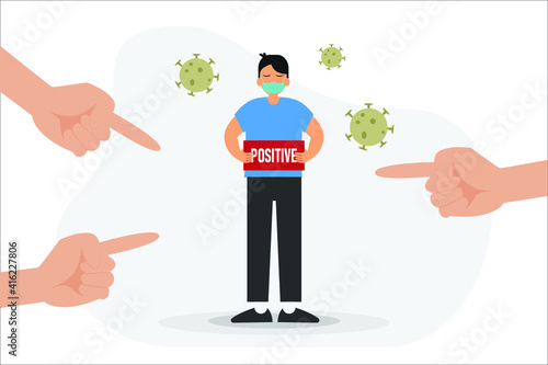 Bullying vector concept: Young man wearing face mask and infected corona virus while people blaming him
