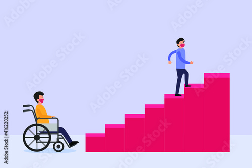 Disability vector concept: Disable man can not climb the stairs with his wheelchair while wearing face mask in new normal