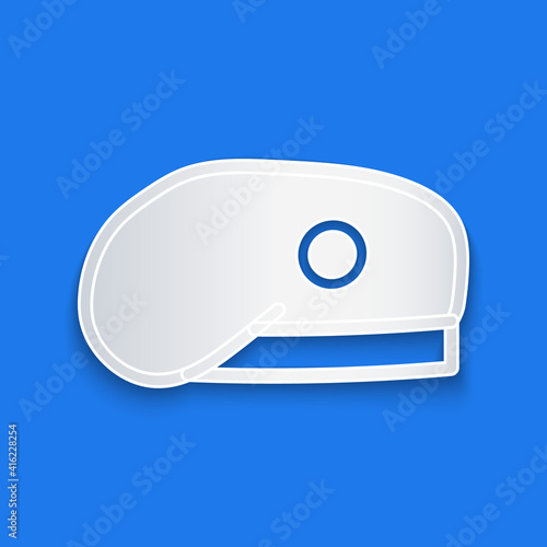 Paper cut Military beret icon isolated on blue background. Soldiers cap. Army hat. War baret. Paper art style. Vector.