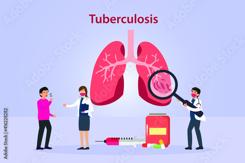 Tuberculosis vector concept: Doctors examining lung of young patient while looking with magnifying glass
