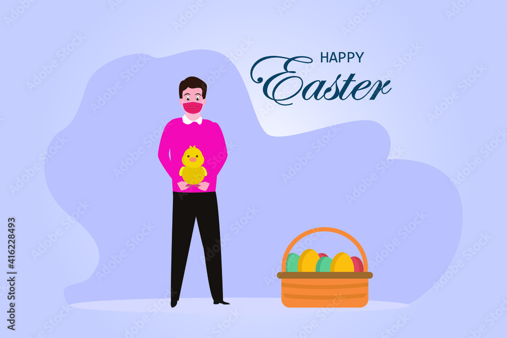 Easter day vector concept: Young man standing with little chicken and easter eggs while wearing face mask in new normal