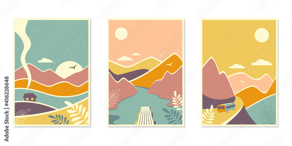 Set of abstract backgrounds nature and mountain landscape in earthy colors. Travel concept.Design for flyer, poster, advertising leaflet, greeting card and banner. Vector stock illustration. 