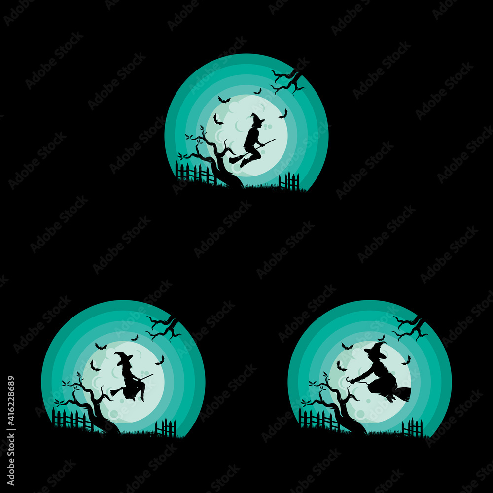 Set of Halloween witches in silhouette flying on her broomstick Set of Halloween witches in silhouette flying on her broomstick