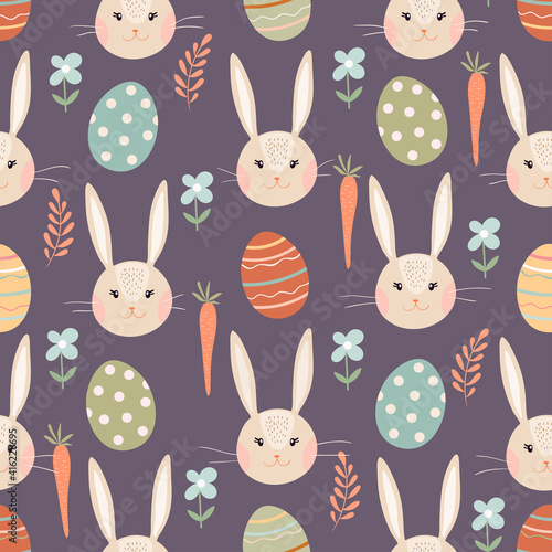 Easter seamless pattern with bunny, eggs and carrots, seasonal spring time design
