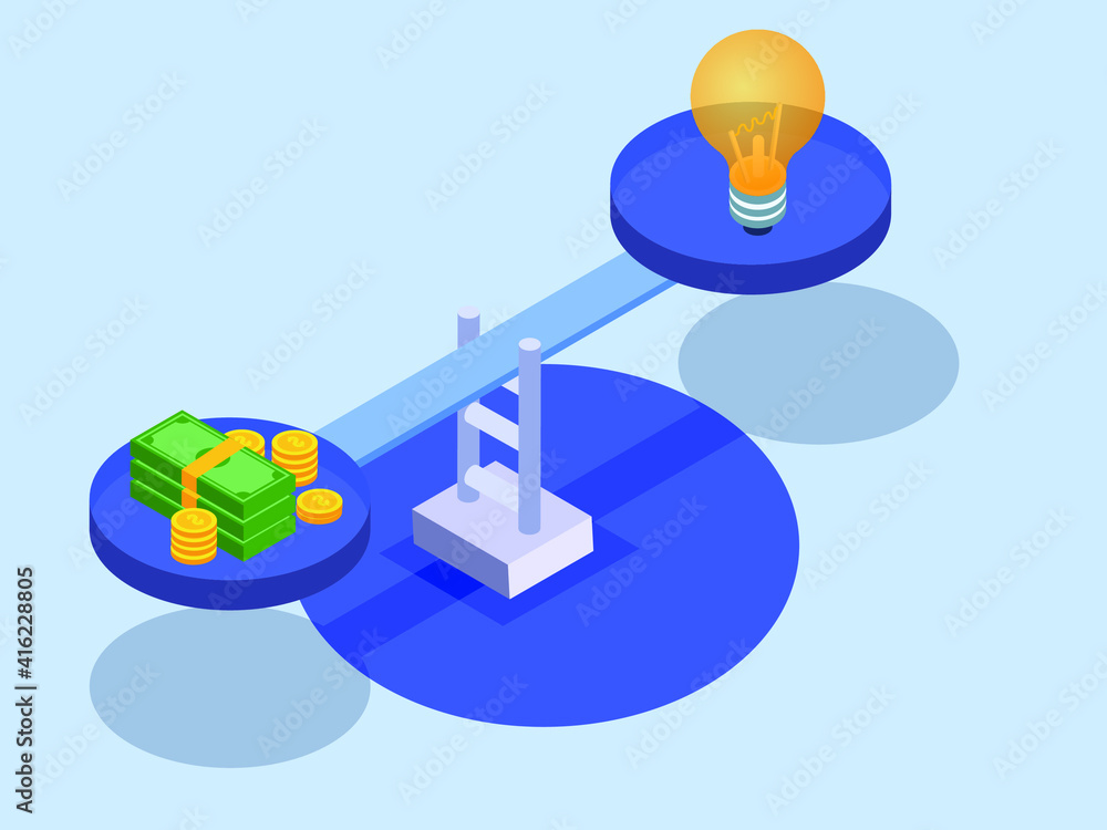 Light bulb idea and money on the scale. Business isometric vector concept Light bulb idea and money on the scale. Business isometric vector concept