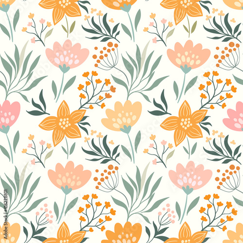 Spring, summer seamless pattern with different flowers and plants