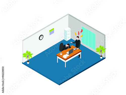 Mad businessman in face mask looking at male worker sleeping on desk in the office. Business isometric vector concept