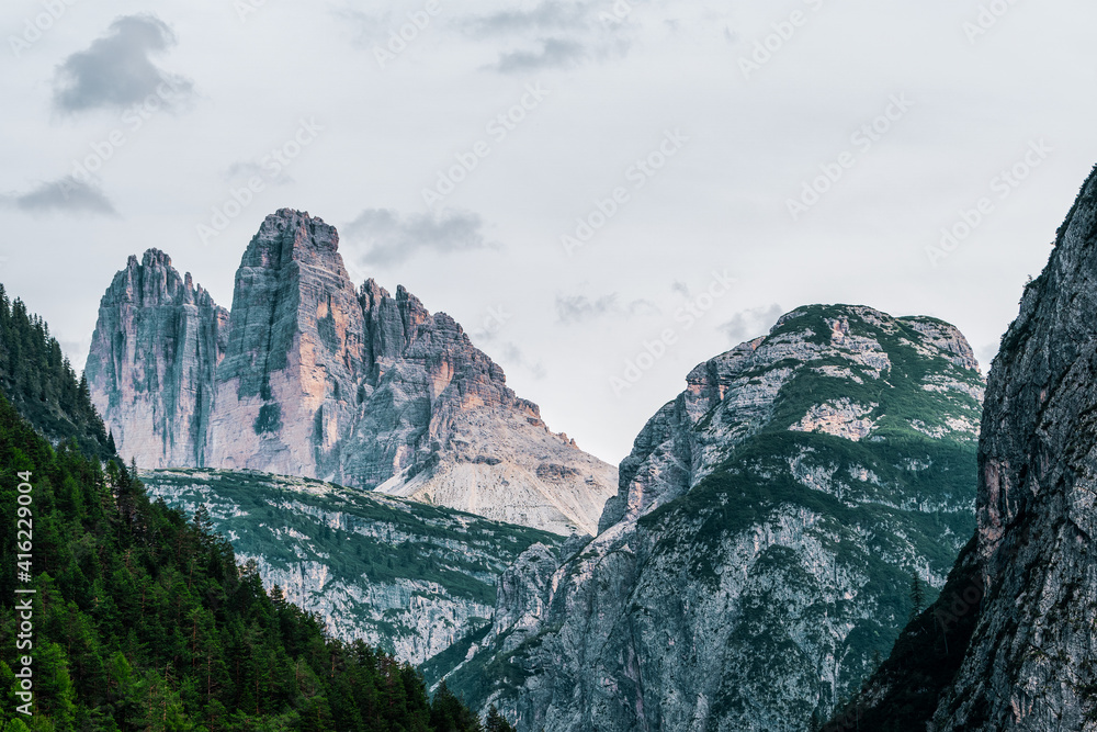 panoramic view of the forests and mountains of the Dolomites, Italy. Tre Cime di Lavaredo.