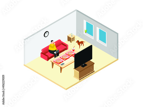 Overweight man working at home while eating pizza and using laptop computer on the sofa. Isometric vector concept