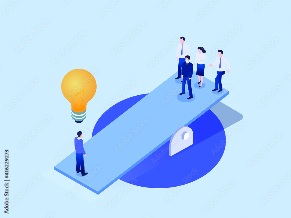 Businessman with light bulb equal to a group of business team standing on the scale Businessman with light bulb equal to a group of business team standing on the scale