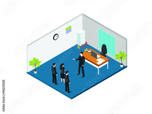 Angry businessman scolding his employee while wearing face mask in the office. Business isometric vector concept
