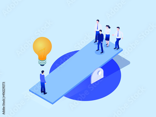 Businessman with light bulb equal to a group of business team standing on the scale