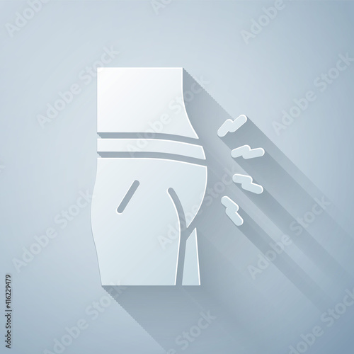 Paper cut Abdominal bloating icon isolated on grey background. Constipation or diarrhea. Paper art style. Vector.