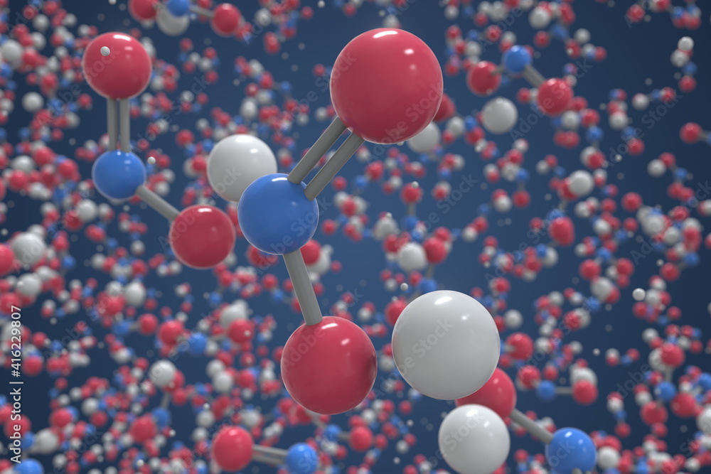 Sodium nitrite molecule. Ball-and-stick molecular model. Chemistry related 3d rendering Sodium nitrite molecule. Ball-and-stick molecular model. Chemistry related 3d rendering
