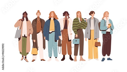 Group of modern stylish women and girls in fashion clothes standing together. Fashionable spring or fall outfits. Street style models. Colored flat vector illustration isolated on white background