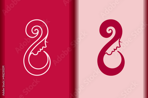 International Women's Day logo minimal design element.Creative 8 March symbol concept with stylish pink.Beautiful woman face and long hair portrait silhouette for Spa,fashion,hairdressing icon vector.