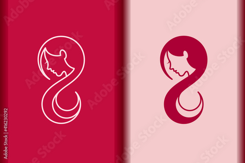 International Women's Day logo minimal design element.Creative 8 March symbol concept with stylish pink.Beautiful woman face and long hair portrait silhouette for Spa,fashion,hairdressing icon vector.