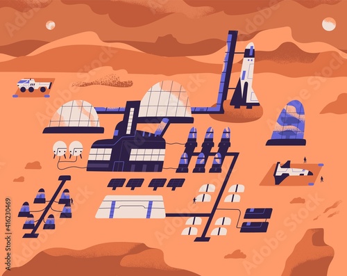 Mars colonization. Base or colony on red planet with buildings, equipment for scientific research and spacecraft. Top view of human settlement. Colored flat textured vector illustration