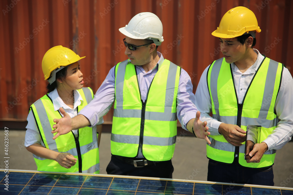 technicians install panels Solar cells to produce and distribute electricity. Energy technology concept technicians install panels Solar cells to produce and distribute electricity. Energy technology concept