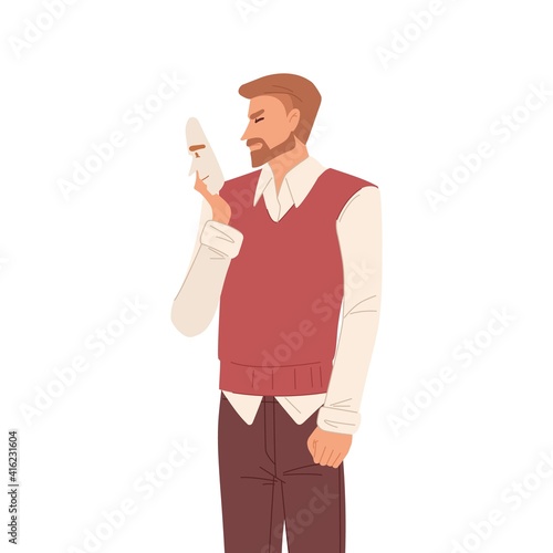 Man hiding real face expression behind smiling mask with fake positive emotion. Unhappy frowned person disguising negative feelings. Colored flat vector illustration isolated on white background
