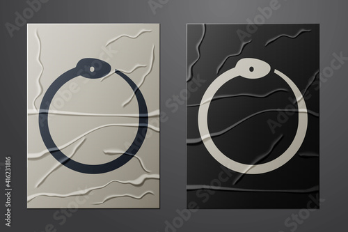 White Magic symbol of Ouroboros icon isolated on crumpled paper background. Snake biting its own tail. Animal and infinity, mythology and serpent. Paper art style. Vector.