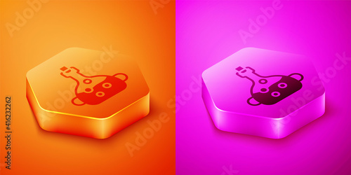 Isometric Poison in bottle icon isolated on orange and pink background. Bottle of poison or poisonous chemical toxin. Hexagon button. Vector.