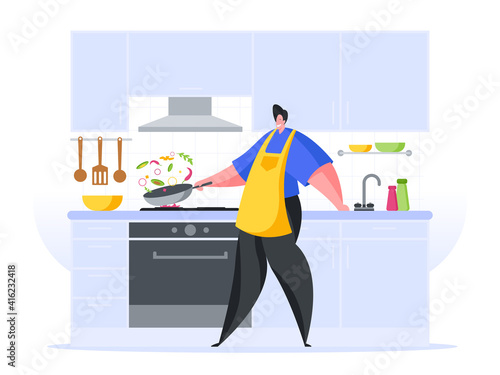 Man preparing stew home kitchen flat vector illustration. Male character in yellow apron tosses spicy food ingredients pan.