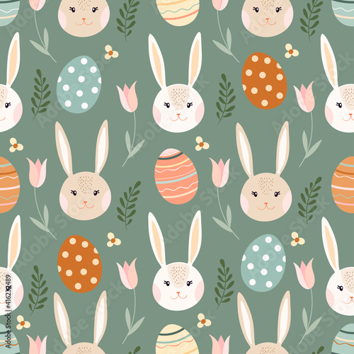 Easter seamless pattern with bunny, eggs and flowers, seasonal design