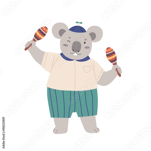 Cute animal musician playing Latin music with maracas. Happy koala shaking Me...