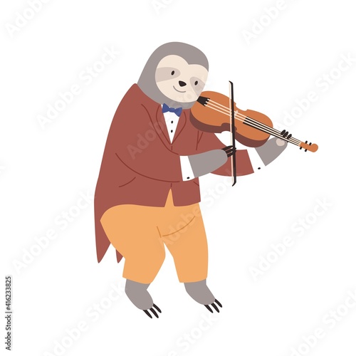 Cute sloth in suit and bow playing fiddle. Animal musician performing classical music on violin. Funny kids character with musical instrument. Flat vector illustration isolated on white background