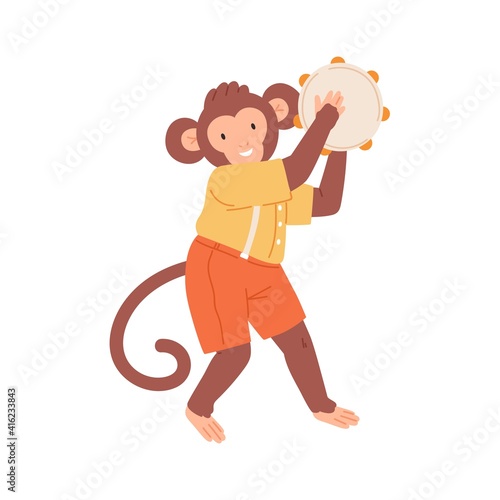 Cute monkey playing tambourine. Happy animal musician performing music. Funny kids character with musical instrument. Colored flat vector illustration isolated on white background