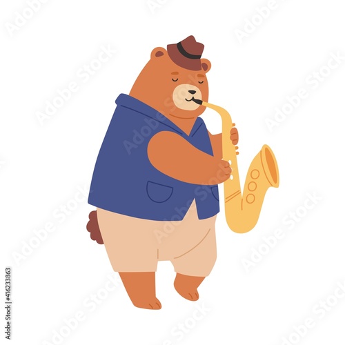 Brown teddy bear in hat playing sax. Cute romantic animal musician performing...