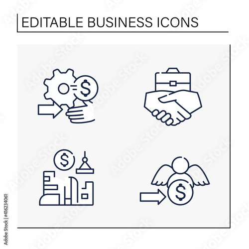 Business incubator line icons set. Technology commercialization assistance, business agreement, angel investors. Profitable investment. Isolated vector illustrations. Editable stroke