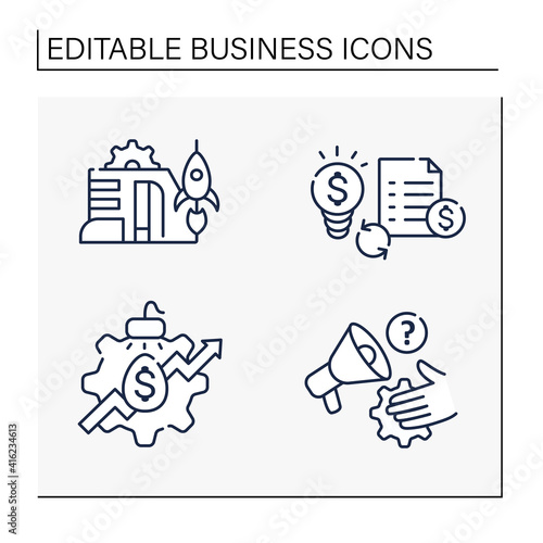 Business incubator line icons set. Startup company. Marketing assistance, incubator services. Startup agreement. Profitable investment. Isolated vector illustrations. Editable stroke