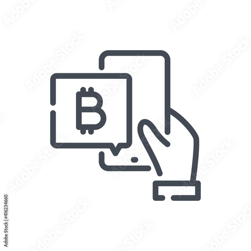 Bitcoin mobile trading line icon. Hand holding mobile phone with bitcoin vector outline sign.
