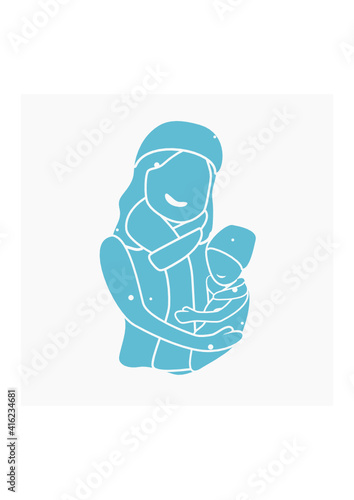 Editable Flat Monochrome Style Oblique View of Woman Carrying a Child on Winter Season Vector Illustration for Artwork Element of Mother's Day or Womanhood Related Design
