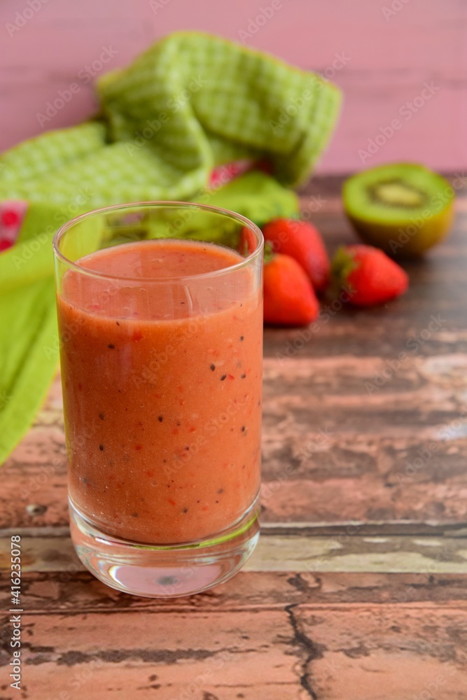 Fresh strawberry kiwi smoothie drink. Selective focus Fresh strawberry kiwi smoothie drink. Selective focus