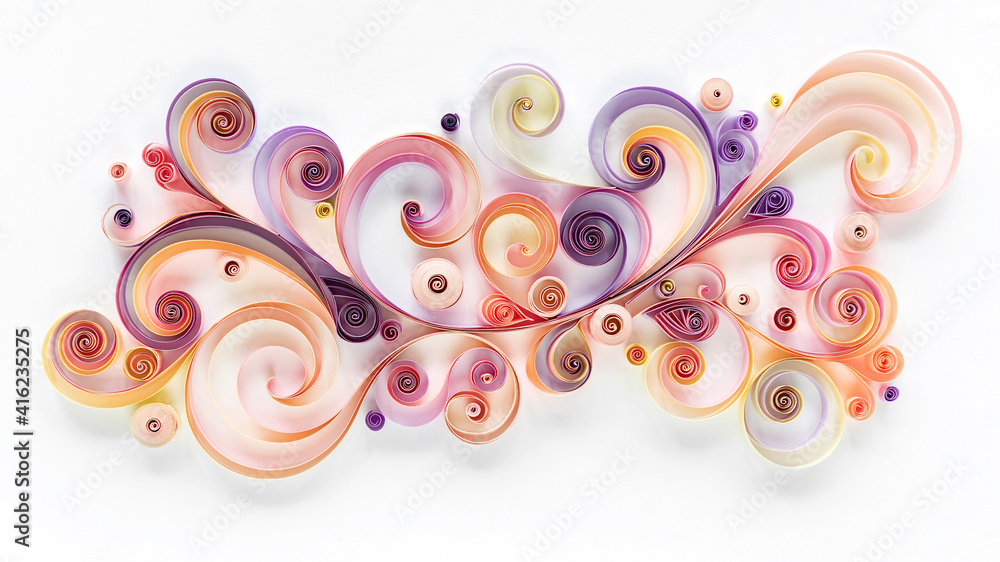 Abstract panel made of colored paper scrolled into curls and rolls.  Quilling banner on a white background with copy space. Quilling paper art  as a hobby. Stock Illustration | Adobe Stock