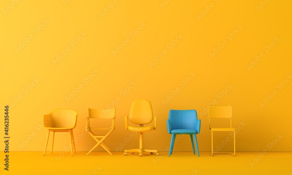 Team leadership. Single chair stands of from the rest. 3D rendering Team leadership. Single chair stands of from the rest. 3D rendering