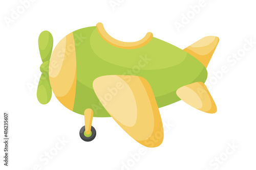 Cute green-yellow airplane on white background. Cartoon transport for kids cards, baby shower, birthday invitation, house interior. Bright colored childish vector illustration in cartoon style.