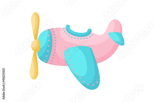 Cute pink-blue airplane on white background. Cartoon transport for kids cards, baby shower, birthday invitation, house interior. Bright colored childish vector illustration in cartoon style.