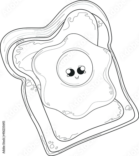 Cartoon toast with spread, butter and fried egg sketch template. Graphic food vector illustartion in black and white for games, background, pattern, decor. Breakfast coloring paper, page, story book. 